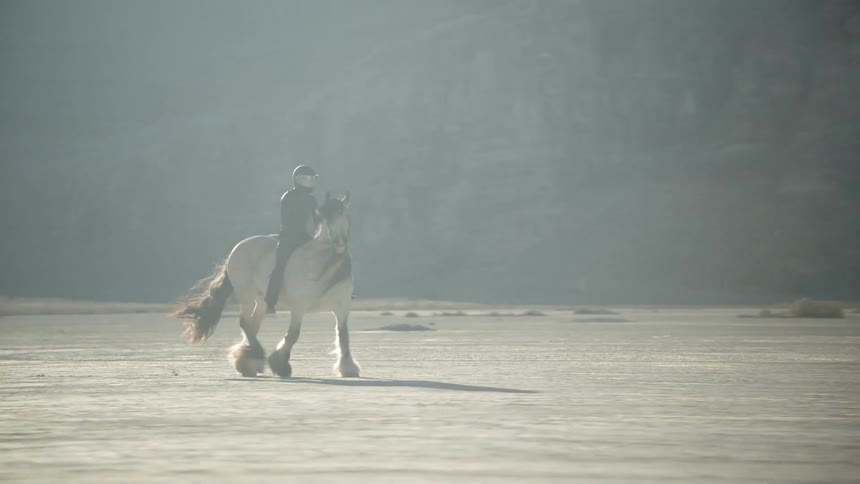 A person in a crash helmet riding a white horse across a dirt field