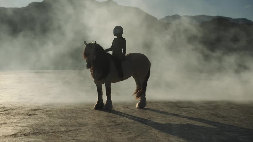 Silhouette of a robot sitting on a horse in the desert as thick fog moves over the area and there are mountains in the distance
