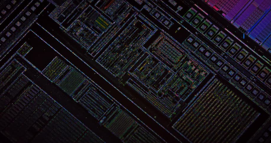 A computer generated image of a printed circuit board has colors sweep across its surface