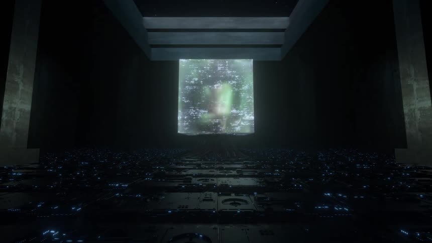 Rows of circuit boards line path to digital screen showing futuristic technological visuals