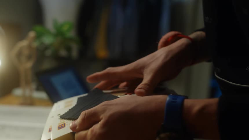 A man looks at fabric samples on a cardboard sheet