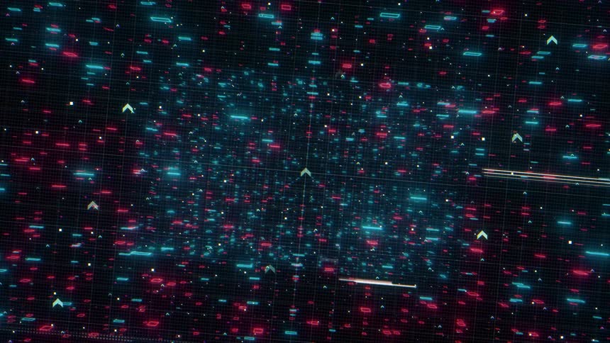 Data particles on a digital display grid