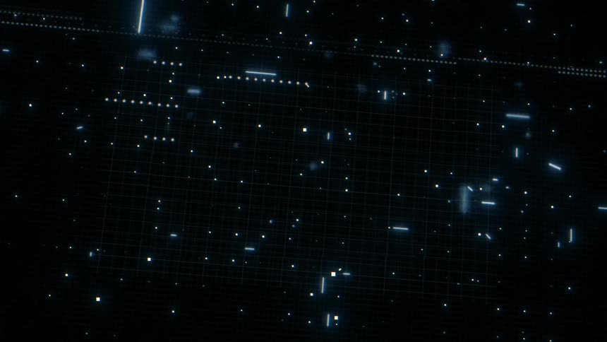 Abstract data particles flashing and glitching through 3D space