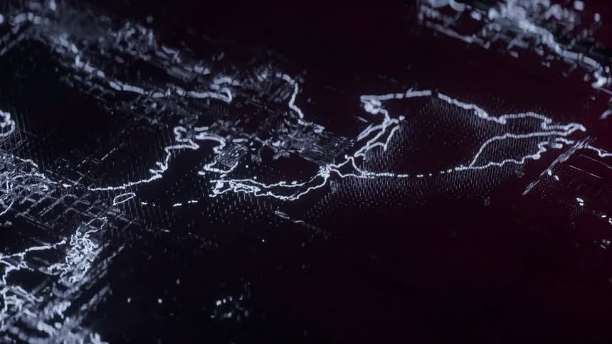 A digital map of East Asia is flashing and glitching in the style of a circuit board