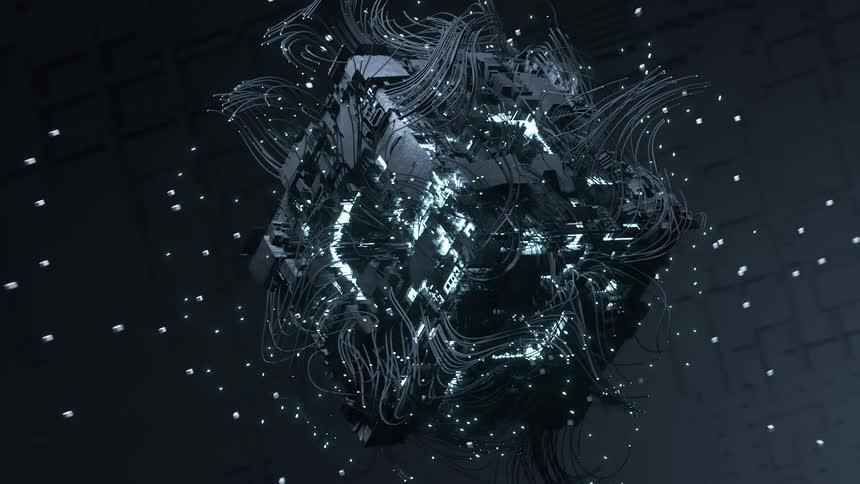 A dark cube with glowing internal components is floating as two smaller objects move inside the cube and explode as glowing particles fly and dark strands emerge from the cube