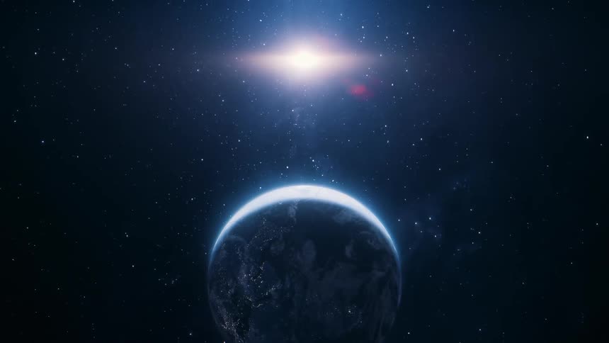 A crescent Earth is illuminated by a bright sun in the distance