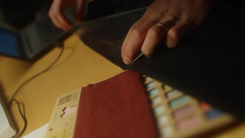 Tailor measures black shirt at tailors store