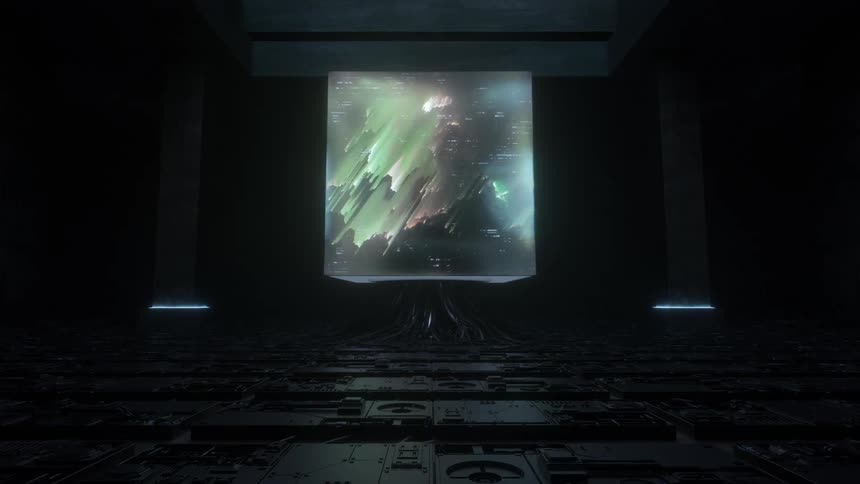 Huge abstract data cube displays futuristic visuals in a high tech environment