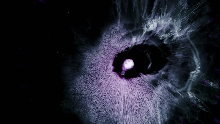 Abstract strands of white and purple radiate outwardly through a darkened space