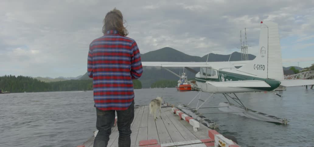 Person and a dog walking down a wooden clear towards their airplane sitting on the water