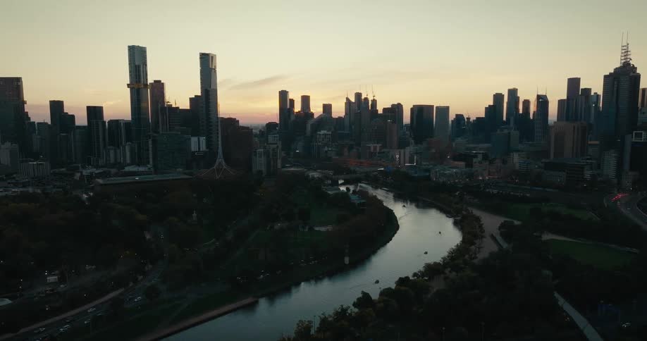 A shot of a city skyline and a river