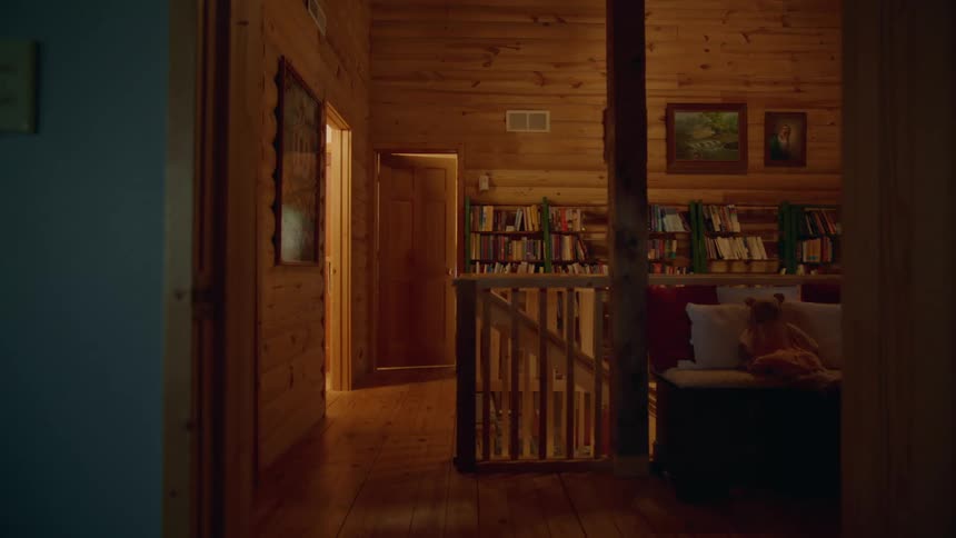 An interior room with log wood looking walls a bookcase against the walls and a staircase going down