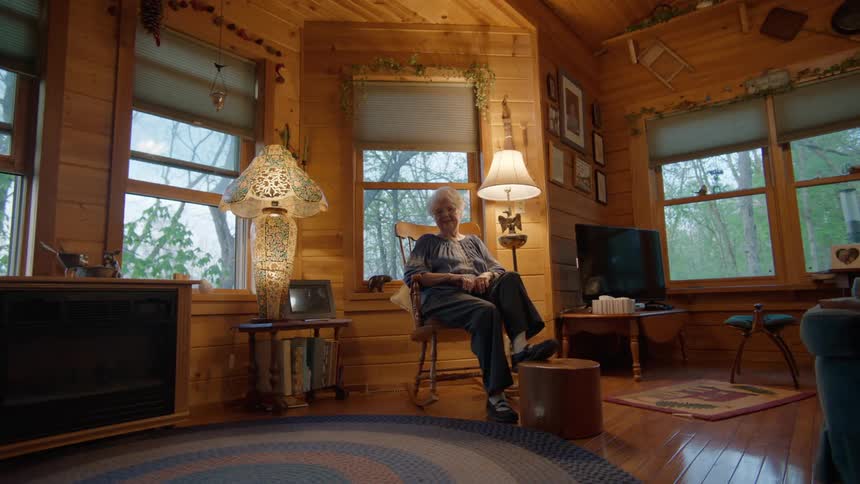 An elderly woman sitting in a rocking chair living room