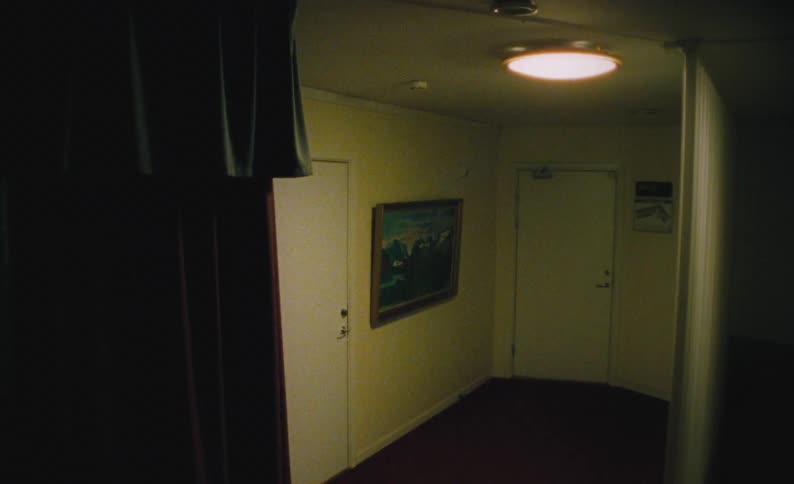 A dimly lit hallway leading to a door with a large picture before the door on the wall