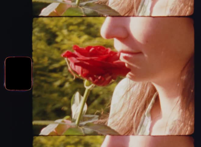 Super 8mm close up of young woman with long brown hair that is outdoors on Valentine’s Day in front of green bushes as she raises a red rose to her nose to enjoy the relaxing smell and smiles in a happy way while only her face and shoulders can be seen