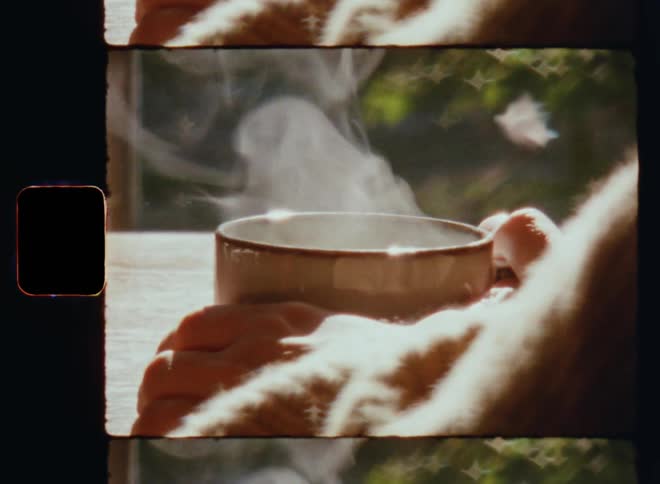 Person sitting at a table next to a window in the morning cu of hands holding a hot steaming mug of beverage