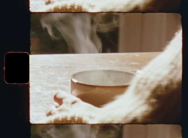 Steam rises into the air from a coffee cup being held by a person sitting at a table