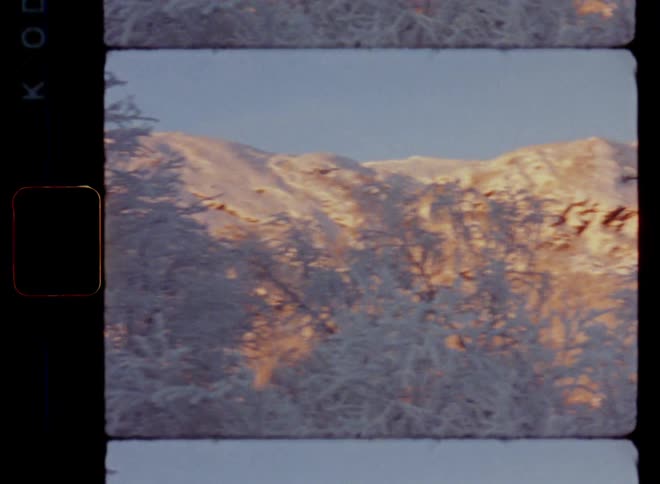 Snow covered mountains in the background of frozen iced up forest with ice crusted trees in snowy countryside with pristine nature during early morning of cold winter day as sun rises and shines into the valley on vintage 8mm film with nostalgic vibe