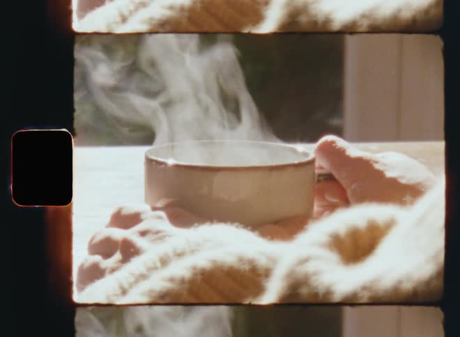 Steam rises from a hot cup of coffee someone is holding