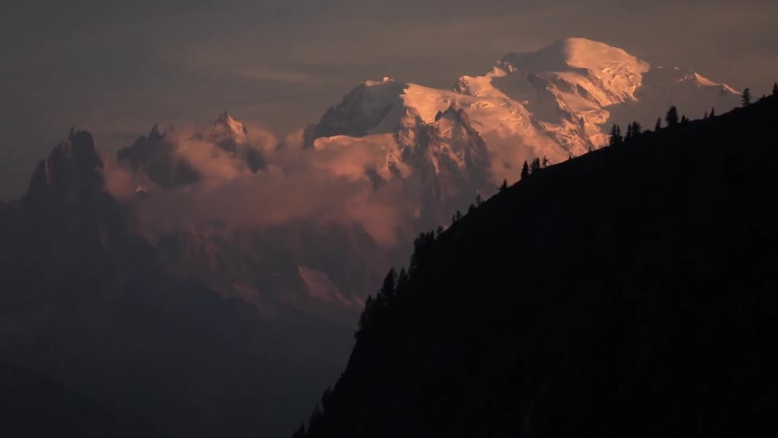 Tall mountains are covered with trees and snow