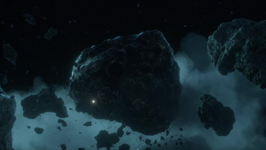 A spaceship floats by giant asteroids floating in space