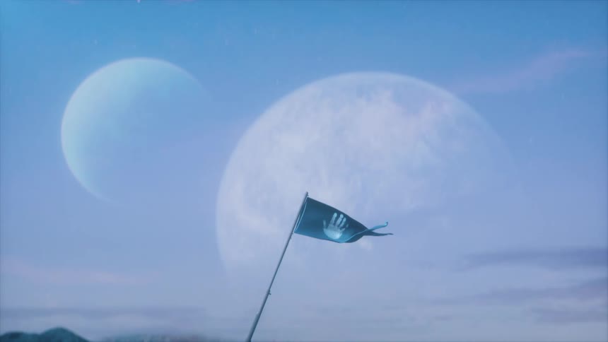 A flag flying on an alien rock in outer space