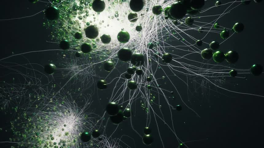 A Radioactive atomic reaction sends atoms bursting in a fission explosion