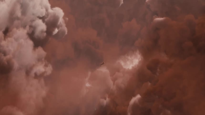 An astronaut is falling through layers of clouds on jupiter