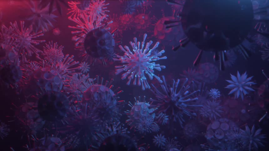 A white virus floating in a sea of other strange microbes