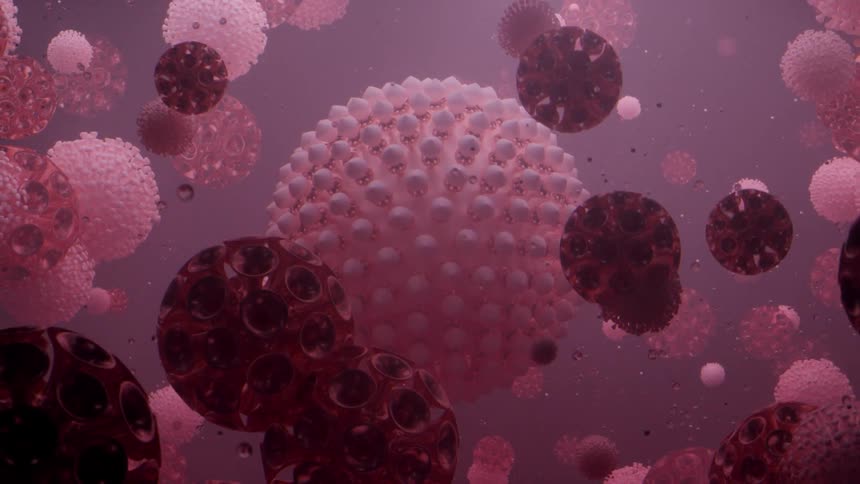 Close up of a virus floating underwater among tiny cells