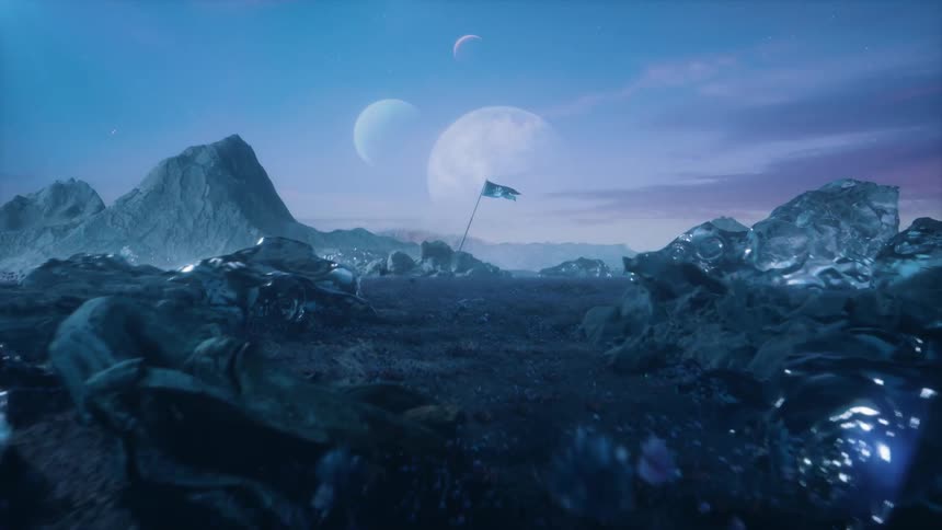 Flag is planted on an alien landscape with three planets in the distance