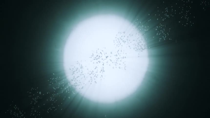 Cells underwater forming a DNA helix molecule against a bright overhead sun