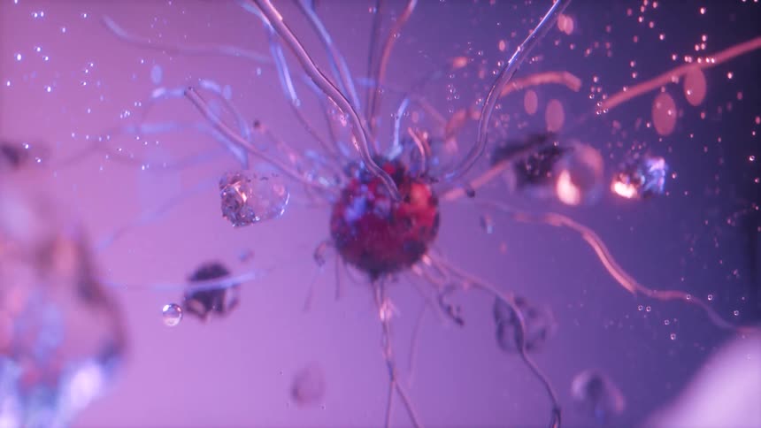 An abstract virus growing tentacles and infecting other cells underwater