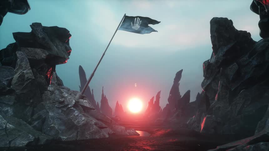 Bright red sun sits just above horizon and overlooks banner sitting on jagged alien world