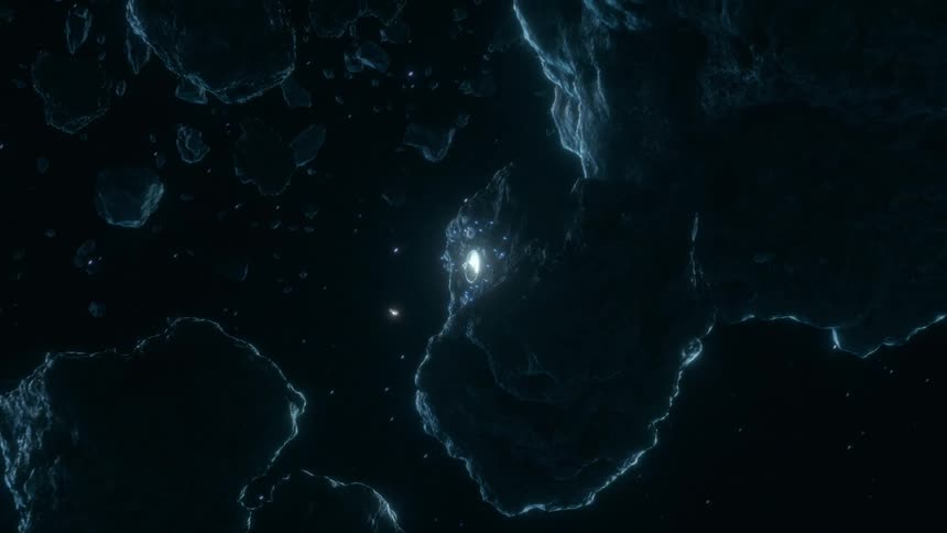 A spaceship flies around a space colony built into a large asteroid in space
