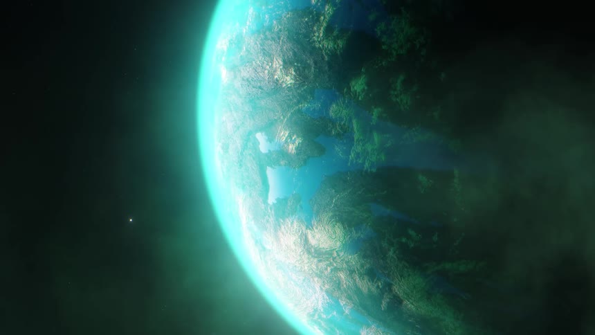 A spaceship approaches a large alien planet with water and greenery