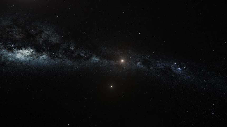 Spaceship with bright engine travels through space toward nebula