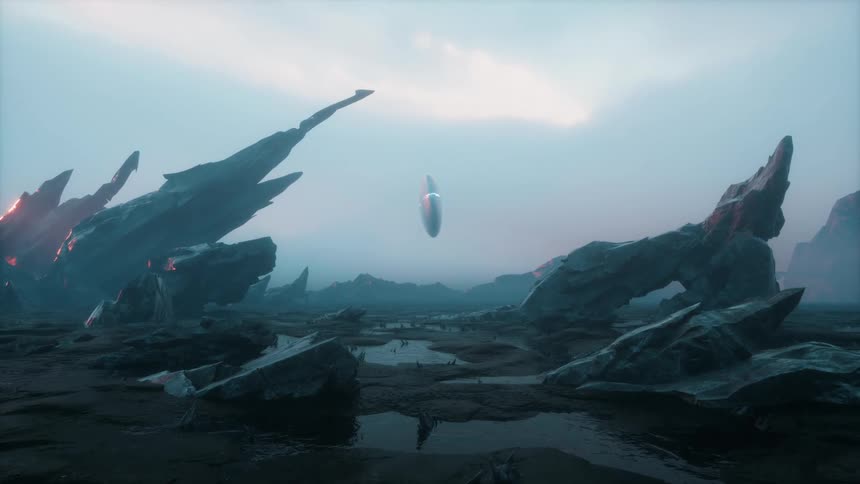 Spaceship floats toward ground on alien world with jagged outcroppings and ponds
