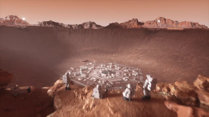 Astronauts oversee the construction of a city on Mars