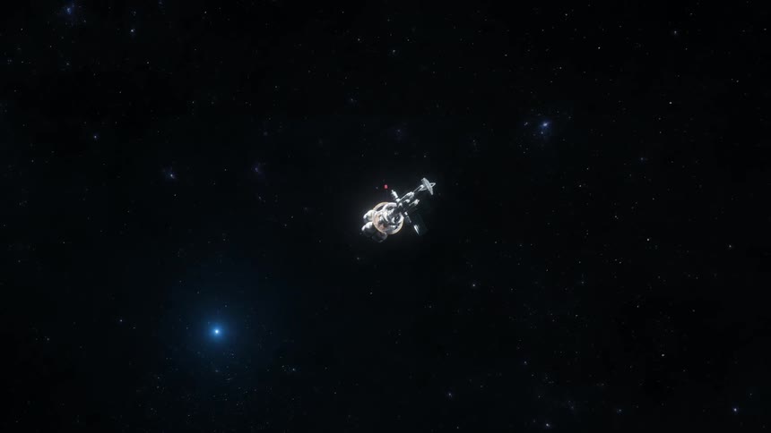 A spaceship flies away from a blue planet in the distance