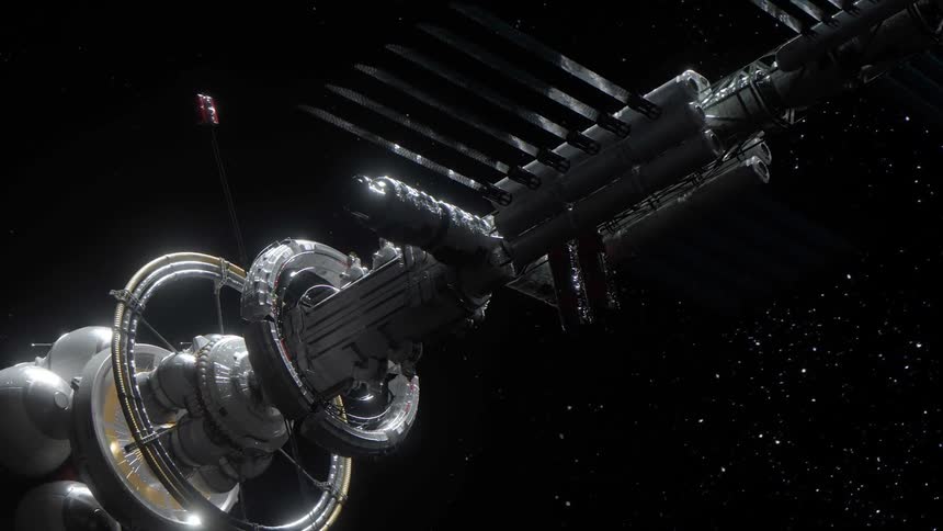 Close up view of a large spaceship rotating in space