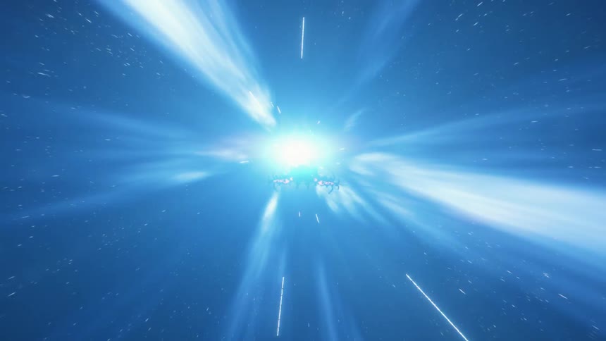 A spaceship travels at light speed through space and reaches an alien planet