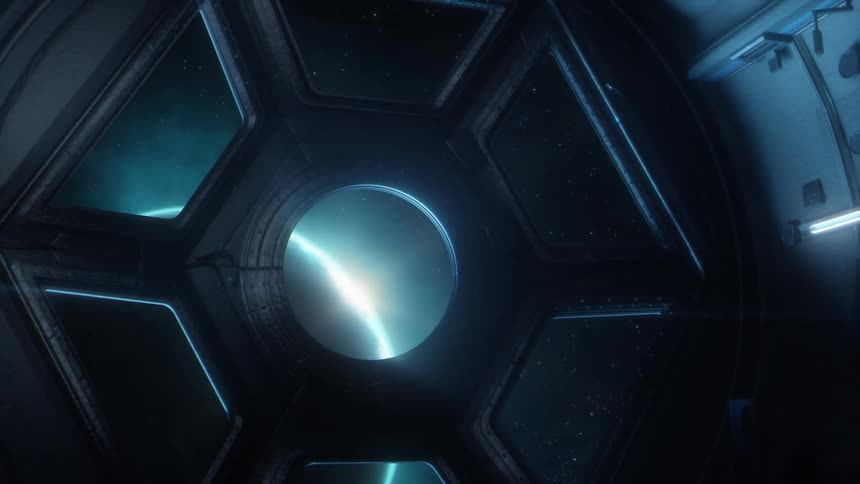 A planet in space is seen through the window of a space craft