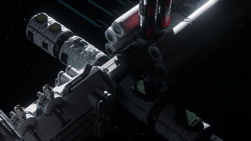A spaceship rotates as it floats in space
