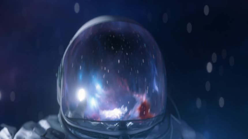 Close up view of an astronaut is displayed in space