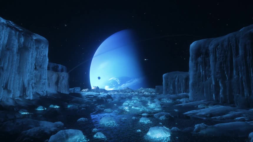 Space ship passes by Neptune seen from the icy moon Triton
