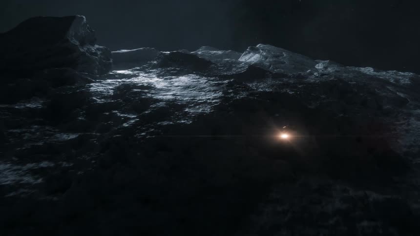 Spacecraft flies over ice covered terrain including a crater