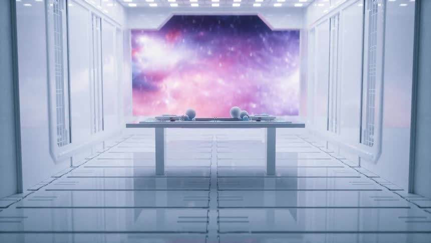 A futuristic spaceship control room with a view of the universe