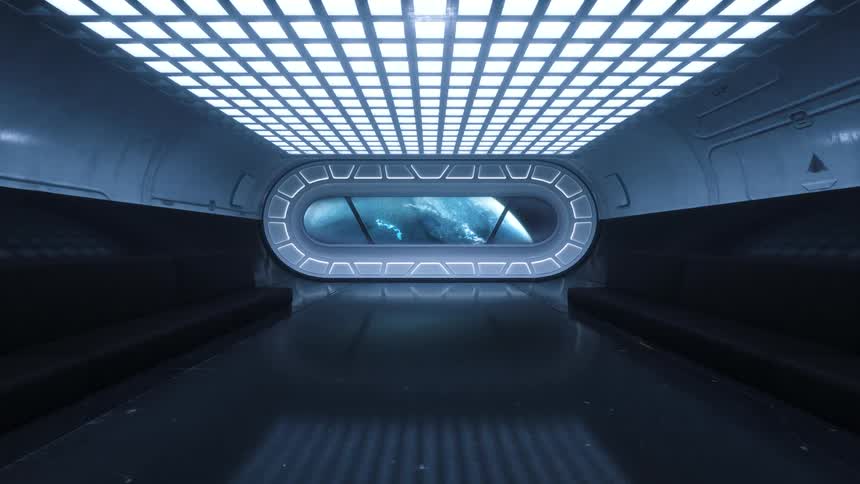 Automatic doors on space ship open to reveal an alien planet floating in space