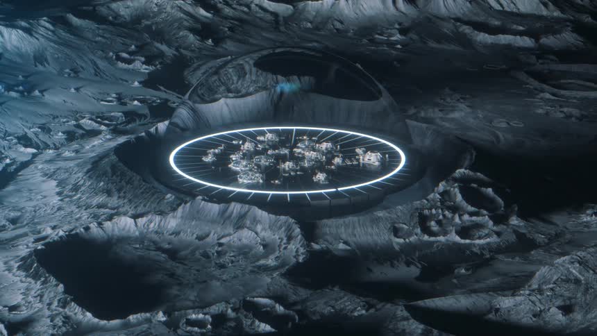 A domed city built into a crater on the Moon